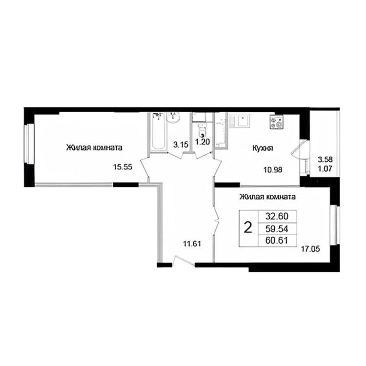 2-к квартира Планировка 2-к квартира, 60.6 м², ЖК Богородский 1, Секция 1 на 1 этаже
