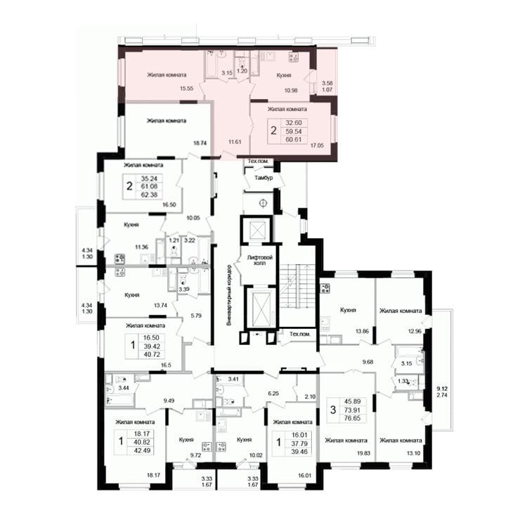 2-к квартира 2-к квартира, 60.6 м², ЖК Богородский 1, Секция 1 - планировка на 1 этаже